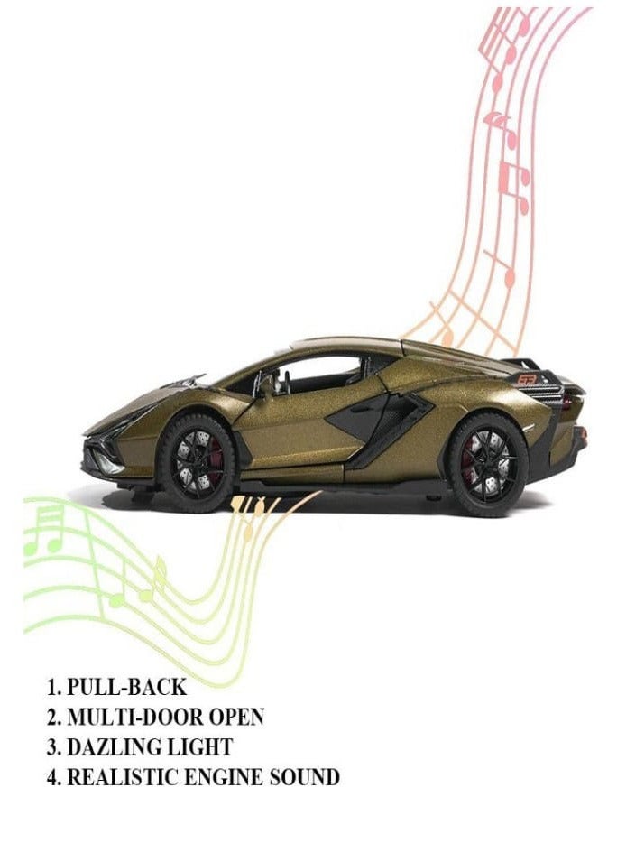 1:32 متوافق مع لعبة سيارة نموذج لامبورغيني سيان، سيارة لعبة سحب للخلف من سبائك الزنك مع صوت وضوء للأطفال والكبار (لون أخضر جيشي) - Image 1