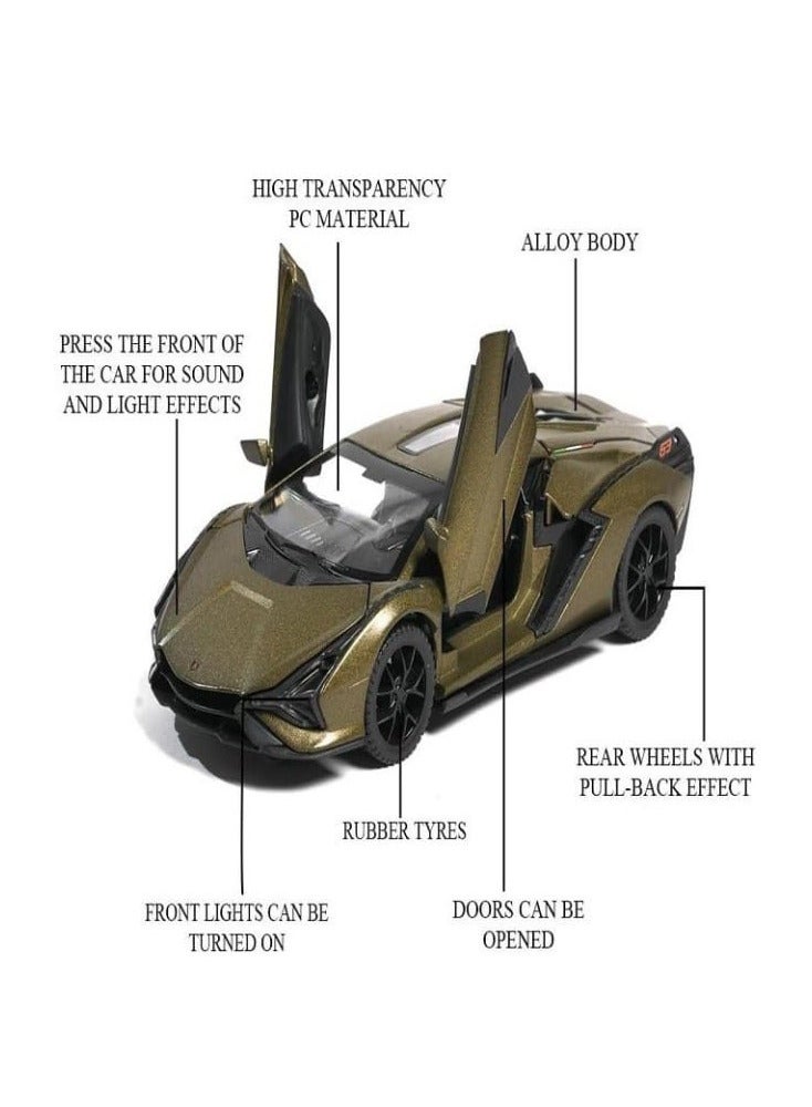 1:32 متوافق مع لعبة سيارة نموذج لامبورغيني سيان، سيارة لعبة سحب للخلف من سبائك الزنك مع صوت وضوء للأطفال والكبار (لون أخضر جيشي) - Image 2