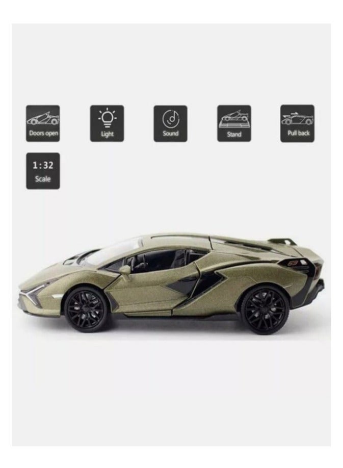 1:32 متوافق مع لعبة سيارة نموذج لامبورغيني سيان، سيارة لعبة سحب للخلف من سبائك الزنك مع صوت وضوء للأطفال والكبار (لون أخضر جيشي) - Image 3