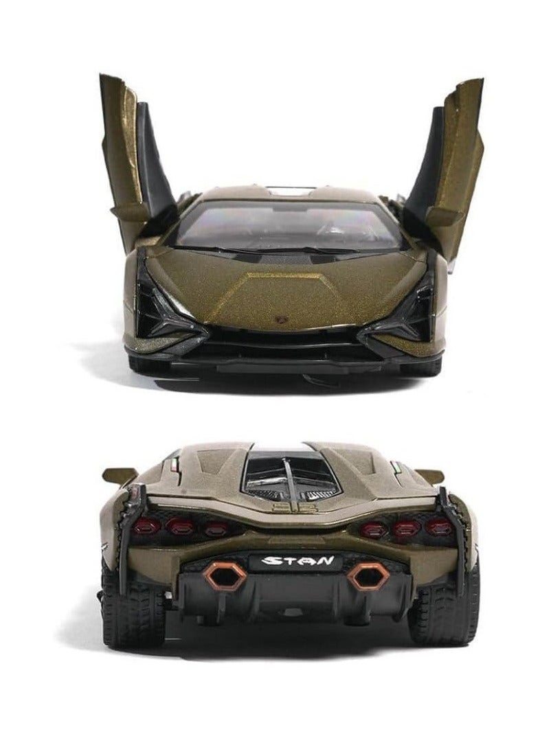 1:32 متوافق مع لعبة سيارة نموذج لامبورغيني سيان، سيارة لعبة سحب للخلف من سبائك الزنك مع صوت وضوء للأطفال والكبار (لون أخضر جيشي) - Image 4