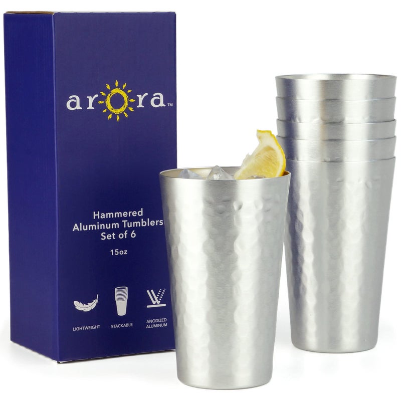 ARORA Aluminum Metal Cups for Drinks Metal Anodized Hammered Silver Color Tumblers Set of 6  Aluminum Drinking Cups for Fathers Day 15oz