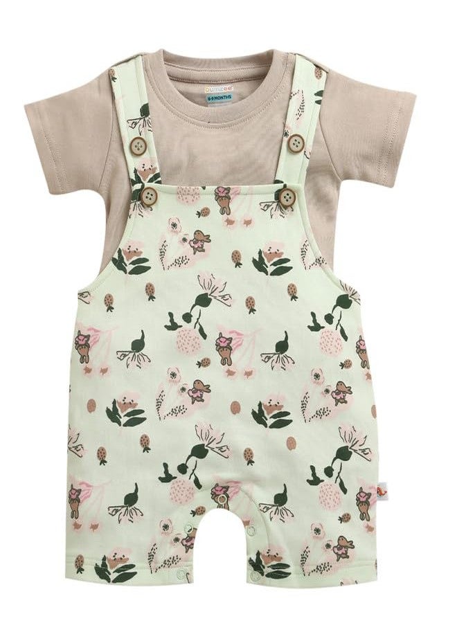 BUMZEE Baby Girls Cotton Round Neck Half Sleeves Floral Print Dungaree Set With Inner Tee Off White & Blue - 9-12 Months (Peb11213E-grn) - Image 1