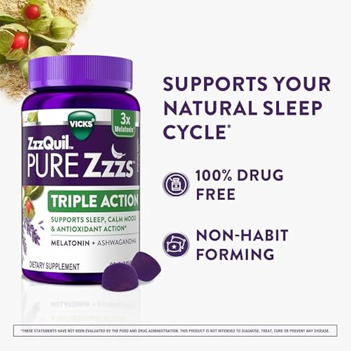 ZzzQuil ز ز ز كويل بيور ز ز ز ثلاثي العمل، حلوى الميلاتونين، ميلاتونين 6 ملغ، 3X ميلاتونين، مساعد نوم مع أشواغاندا، مزاج هادئ، عمل مضاد للأكسدة، مساعدات نوم للبالغين، 60 حلوى نوم - Image 3