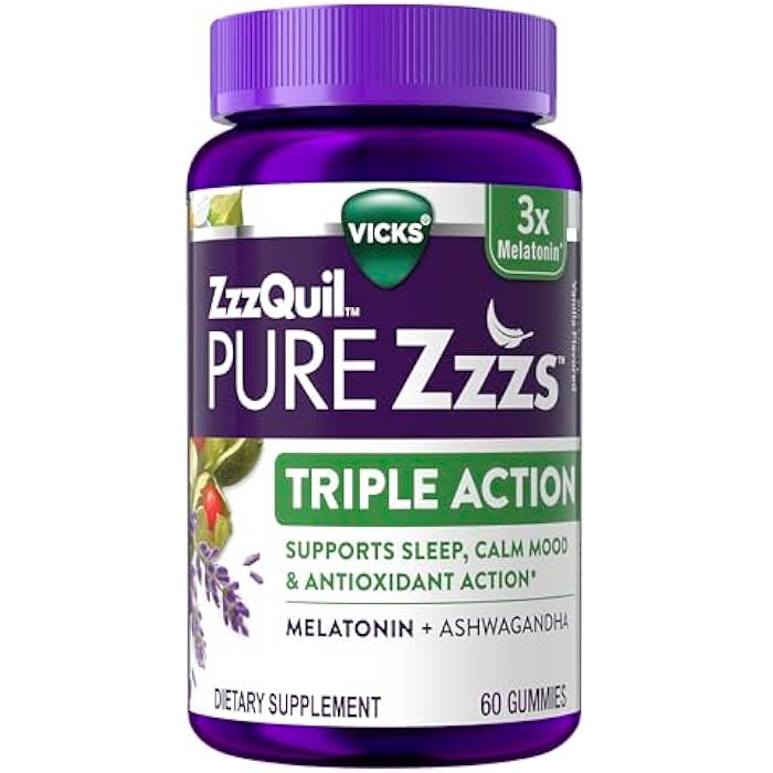 ZzzQuil ز ز ز كويل بيور ز ز ز ثلاثي العمل، حلوى الميلاتونين، ميلاتونين 6 ملغ، 3X ميلاتونين، مساعد نوم مع أشواغاندا، مزاج هادئ، عمل مضاد للأكسدة، مساعدات نوم للبالغين، 60 حلوى نوم - Image 1