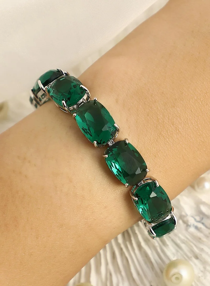 SOHI SOHI Women's The Crystal-Oval Tennis Bracelet For Party Wear | Emerald Green Colour | Alloy Material | Foldover Closure | Artificial Stone Bracelet | Tennis Bracelet For Women & Girls