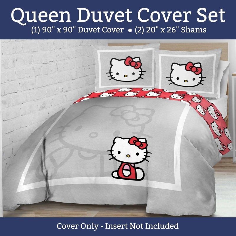 Jay Franco Duvet Cover Set â€“ 3 Piece Super Soft Bedding with Sham Pillowcase, Cover ONLY Comforter Not Included, Grey - Hello Kitty, Queen - Image 2