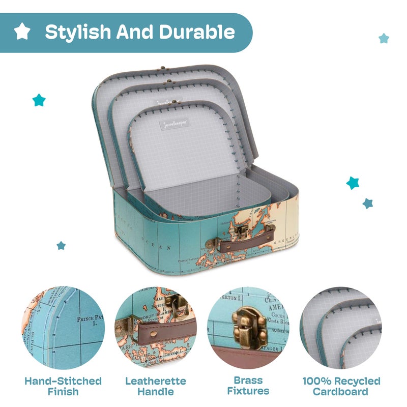 Jewelkeeper Paperboard Suitcases, Set of 3 Decorative Storage Boxes, Vintage Luggage for Birthdays, Weddings, World Map Design - Image 5
