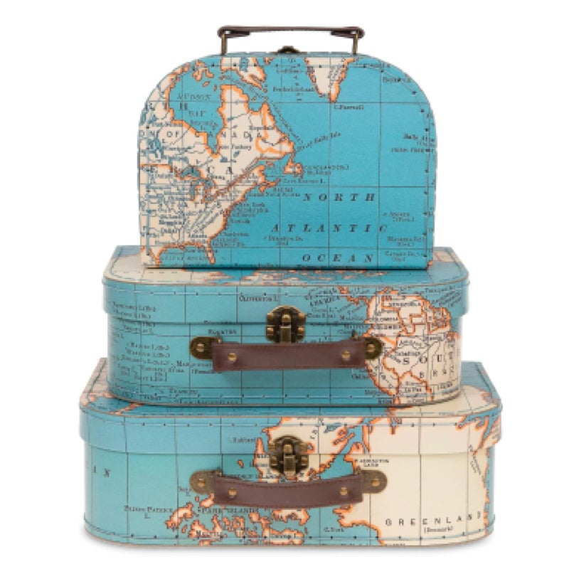 Jewelkeeper Paperboard Suitcases, Set of 3 Decorative Storage Boxes, Vintage Luggage for Birthdays, Weddings, World Map Design - Image 1