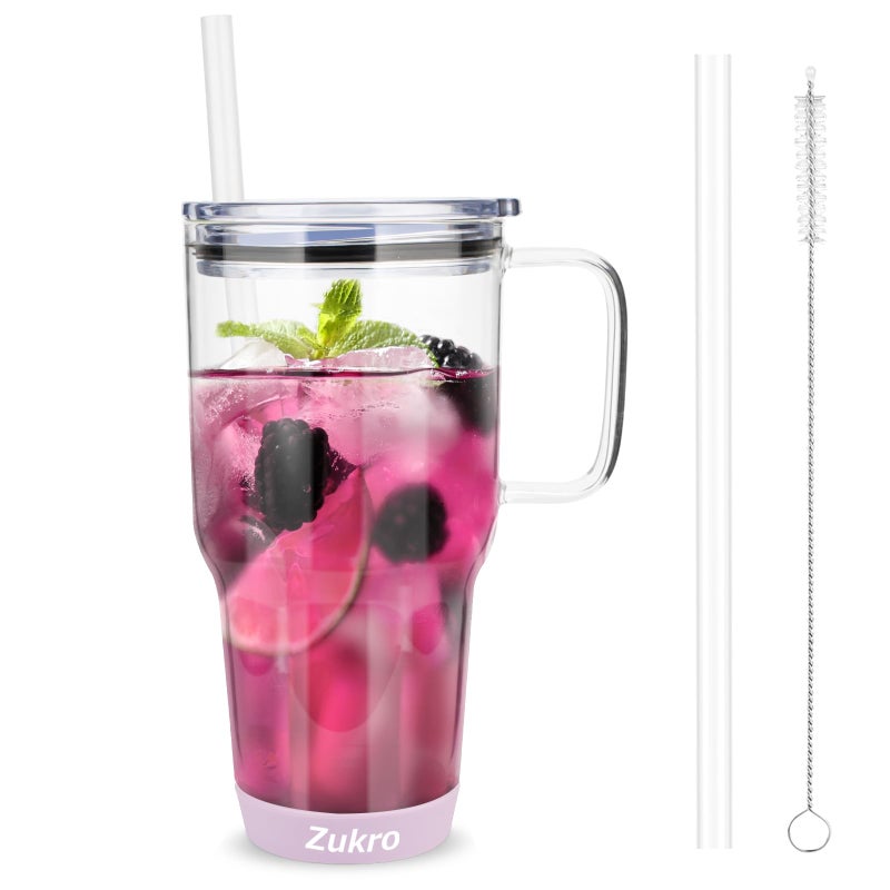 Zukro 32 oz Borosilicate Glass Tumbler with Handle, Iced Coffee Cup, Reusable, Dishwasher Safe, BPA Free, Lilac - Image 1
