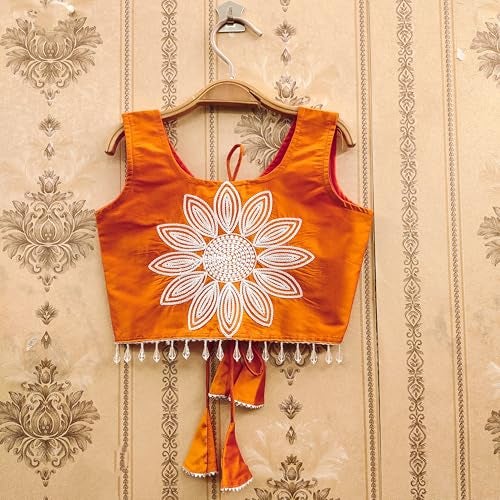 Tejam Girl's Traditional Floral Embroidered Lehenga Choli With Net Dupatta |Designer Readymade Chaniya Choli For Girls| Ethnic Dress| Girls 2-8 Years (Orange, 3-4 Year) - Image 5