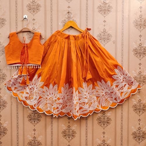 Tejam Girl's Traditional Floral Embroidered Lehenga Choli With Net Dupatta |Designer Readymade Chaniya Choli For Girls| Ethnic Dress| Girls 2-8 Years (Orange, 3-4 Year) - Image 3