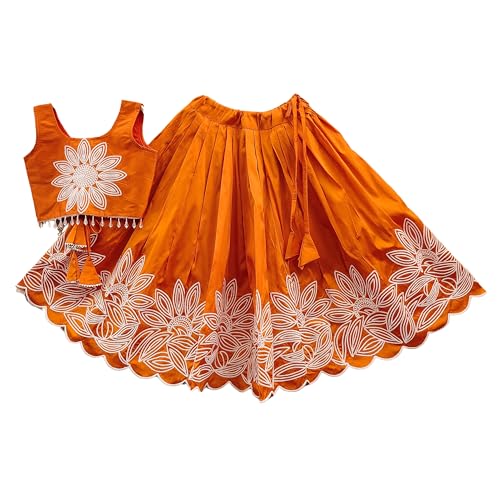 Tejam Girl's Traditional Floral Embroidered Lehenga Choli With Net Dupatta |Designer Readymade Chaniya Choli For Girls| Ethnic Dress| Girls 2-8 Years (Orange, 3-4 Year) - Image 1