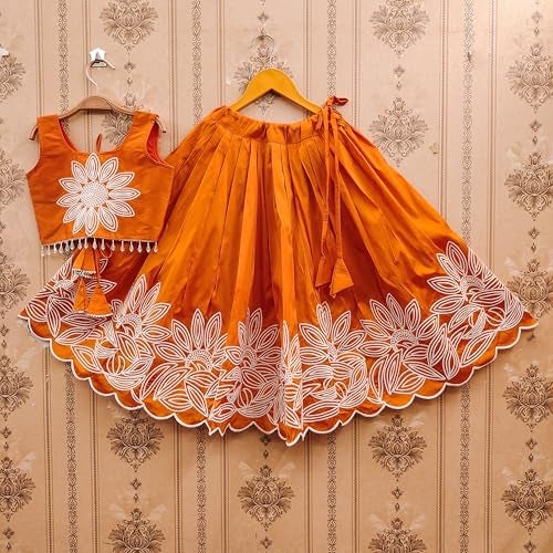 Tejam Girl's Traditional Floral Embroidered Lehenga Choli With Net Dupatta |Designer Readymade Chaniya Choli For Girls| Ethnic Dress| Girls 2-8 Years (Orange, 3-4 Year) - Image 2