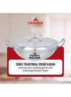SONEX Sonex Traditional Round Karahi Aluminium Wok, Authentic Asian Cooking, Long Lasting Durable Construction, Kitchen Essentials, Metal Finish,Generous Size (34 cm & 7.5 Ltr),  - Image 2