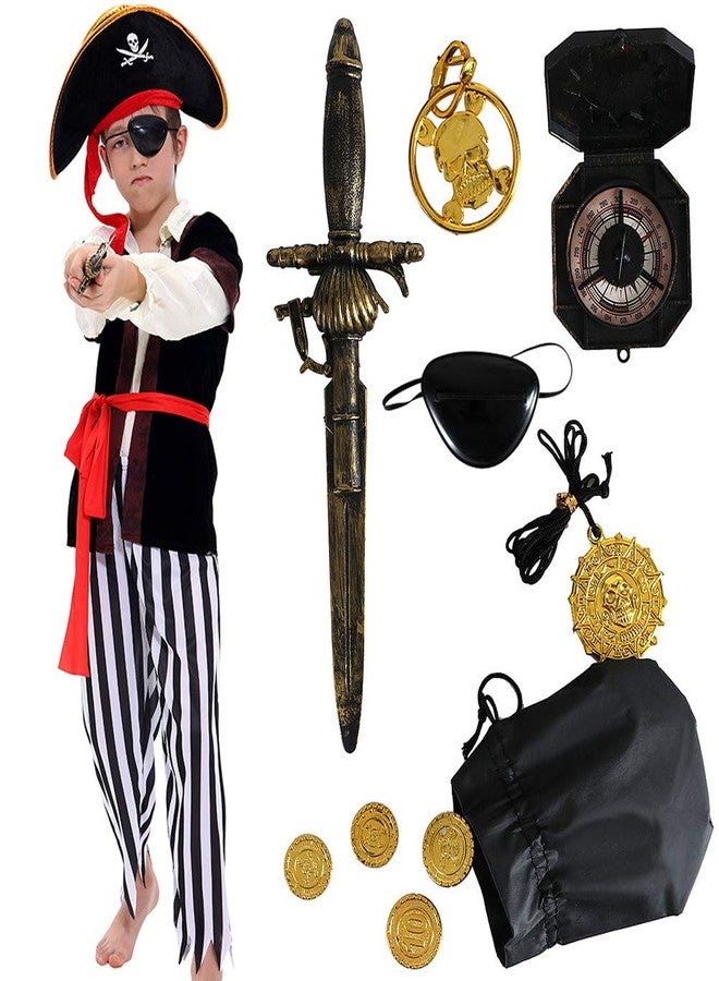 Tacobear Kids Boys Pirate Costume Pirate Toddler Halloween Dress Up Costume & Pirate Hat Sword Eye Patch Compass Earring Purse Coin Medallion for Kids 6-8 - Image 1