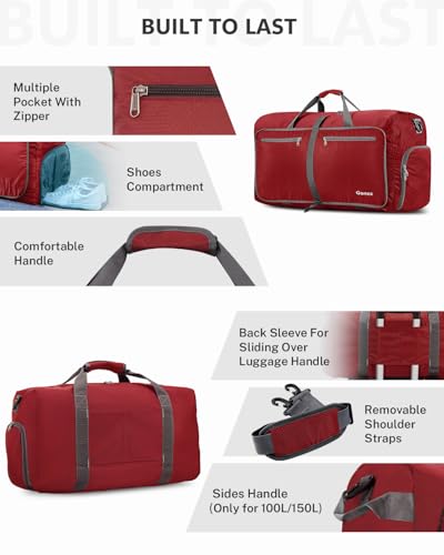 Gonex 80L Packable Travel Duffle Bag Foldable Duffel Bags for Luggage Gym Sports Camping Travelling Cycling Storage Shopping Water & Tear Resistant Red - Image 4