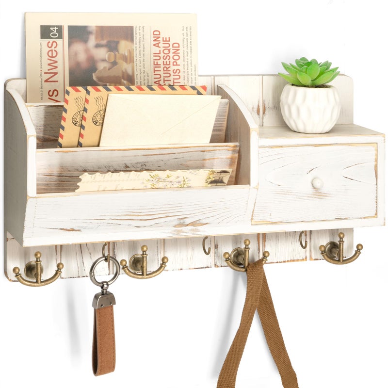 Rebee Vision Key Holder Wall Mount with Mail Sorter - Farmhouse Mail and Key Organizer for Wall with Small Drawer Organizer - Ideal Farmhouse Home Decor Solution (Whitewash) - Image 1