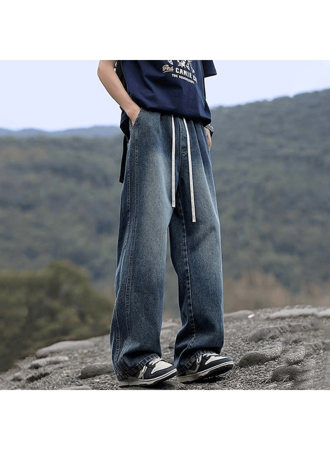 Dingfengbaoluo Men's American Style Slight Flared Wide Leg Washed Vintage Denim Jeans Ww1 Blue-green S Spring Loose Straight Pants