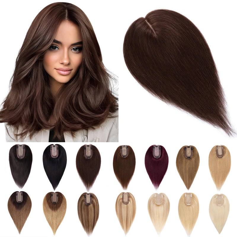 SEGO Human Hair Toppers for Women With Thinning Hair 7 13CM Silk Base 100 Real Human Hair Clip in Top Wiglet Hairpieces 12 Inch No Bangs Dark Brown