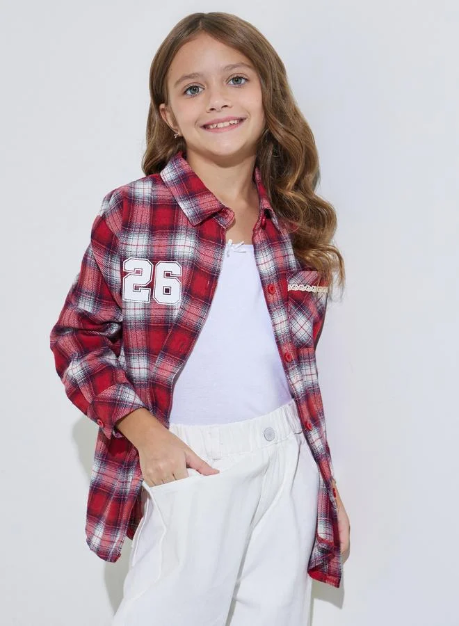 Styli Girls Red Checked Pocket Detail Oversized Shirt