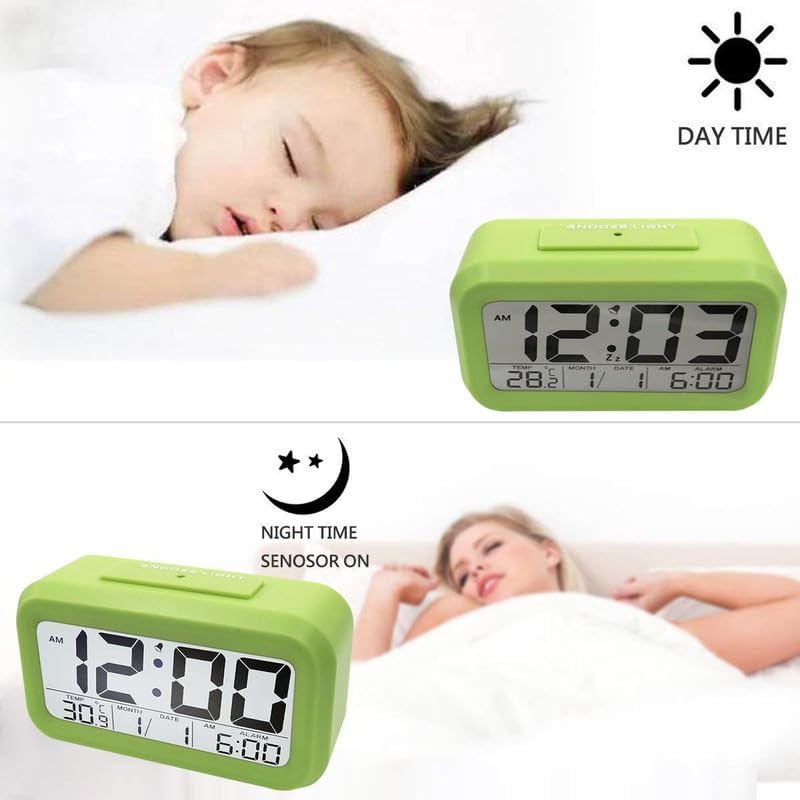 ASHAPURA CREATION Digital Alarm Clock Large LED Display Smart Backlight Battery Operated Alarm Table Clock with Automatic Sensor Date Temperature for KidsStudent Bedroom Green - Image 2