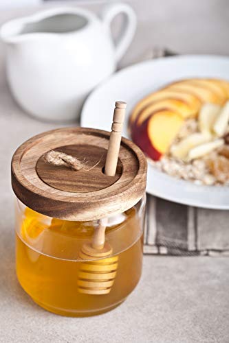 Dstuff Honey Jar Pot Glass Holder Dispenser Set with Wooden Dipper Stick and Acacia Lid Cover for Home Kitchen, Clear, Modern Honey Syrup Glass Container for Storage Gift, Honey Pot and Drizzler (14 Oz) - Image 5