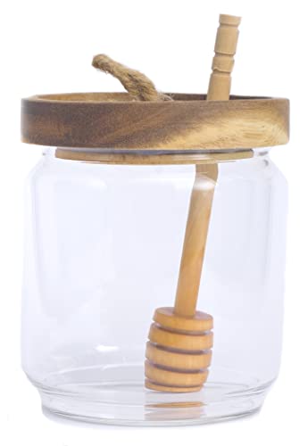 Dstuff Honey Jar Pot Glass Holder Dispenser Set with Wooden Dipper Stick and Acacia Lid Cover for Home Kitchen, Clear, Modern Honey Syrup Glass Container for Storage Gift, Honey Pot and Drizzler (14 Oz) - Image 1