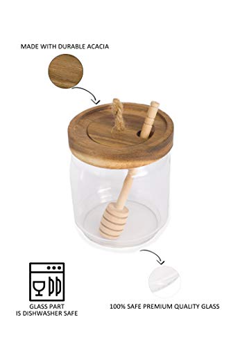 Dstuff Honey Jar Pot Glass Holder Dispenser Set with Wooden Dipper Stick and Acacia Lid Cover for Home Kitchen, Clear, Modern Honey Syrup Glass Container for Storage Gift, Honey Pot and Drizzler (14 Oz) - Image 2