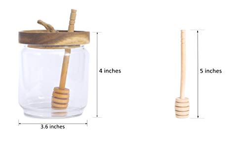 Dstuff Honey Jar Pot Glass Holder Dispenser Set with Wooden Dipper Stick and Acacia Lid Cover for Home Kitchen, Clear, Modern Honey Syrup Glass Container for Storage Gift, Honey Pot and Drizzler (14 Oz) - Image 3