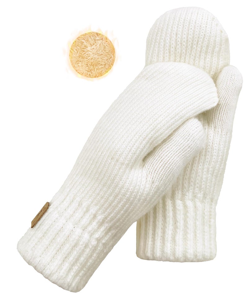 YUHAN PRETTY Winter Mittens for Women Warm Fleece Cozy Knit Thick Thermal Wool Snow Gloves & Mittens for Cold Weather Gifts(Ivory) - Image 1