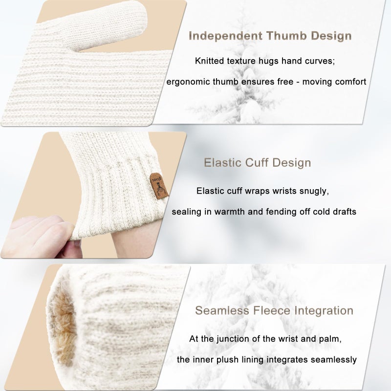 YUHAN PRETTY Winter Mittens for Women Warm Fleece Cozy Knit Thick Thermal Wool Snow Gloves & Mittens for Cold Weather Gifts(Ivory) - Image 3