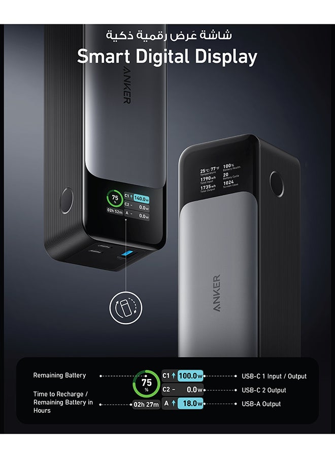 بنك طاقة، شاحن محمول بثلاثة منافذ بقدرة 24,000 مللي أمبير في الساعة مع مخرج 140 وات، 737 (PowerCore 24K)، شاشة رقمية ذكية، متوافق مع سلسلة iPhone 13 وSamsung وDell وAirPods والمزيد أسود/رمادي - Image 4