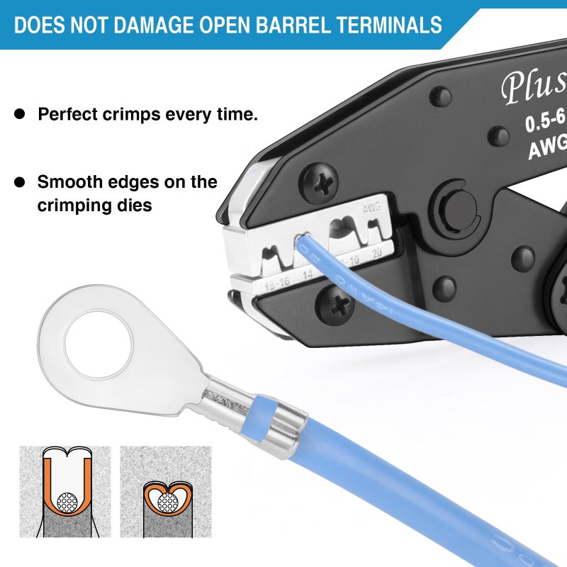 Plustool Crimping Tool for Non-Insulated Open Barrel Terminals & Receptacles AWG 20-10, Ratcheting Wire Crimper Tool - Crimping Pliers - Electrical Crimping Tool - Image 3