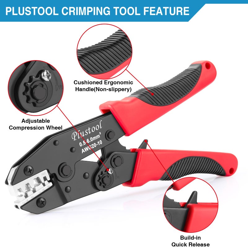 Plustool Crimping Tool for Non-Insulated Open Barrel Terminals & Receptacles AWG 20-10, Ratcheting Wire Crimper Tool - Crimping Pliers - Electrical Crimping Tool - Image 4
