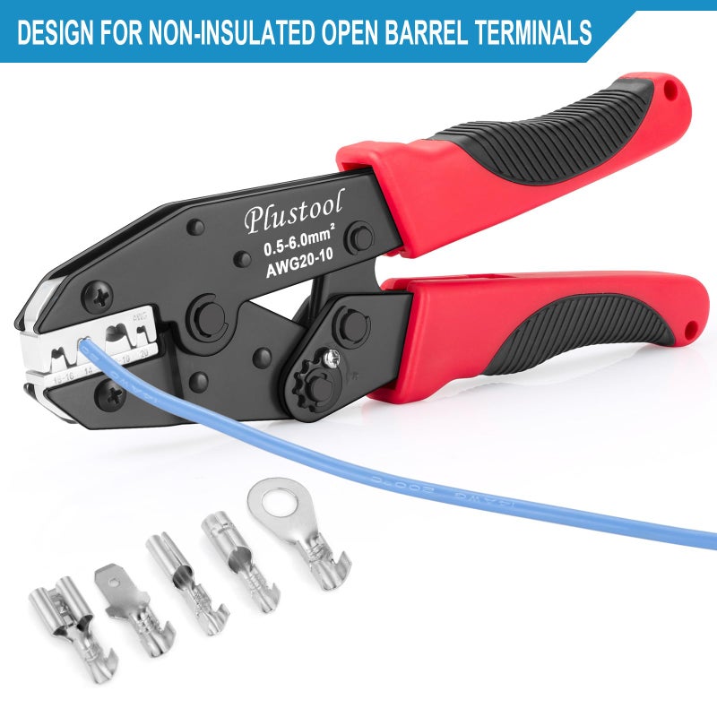 Plustool Crimping Tool for Non-Insulated Open Barrel Terminals & Receptacles AWG 20-10, Ratcheting Wire Crimper Tool - Crimping Pliers - Electrical Crimping Tool - Image 2