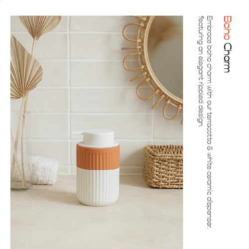 ABBI NIMO 2 Pack Hand Dipped Terracotta Ceramic Foam Soap Dispenser, 12 oz Rippled Bubble-Up Bottle with White Silicone Pump, Refillable Orange Hand Soap Dispenser for Bathroom - Image 4