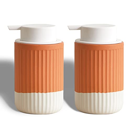 ABBI NIMO 2 Pack Hand Dipped Terracotta Ceramic Foam Soap Dispenser, 12 oz Rippled Bubble-Up Bottle with White Silicone Pump, Refillable Orange Hand Soap Dispenser for Bathroom - Image 1