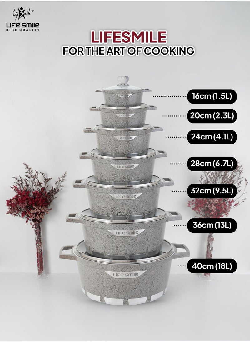 Life Smile 32cm (9.5 Liters) Non Stick Cooking Pot - Granite Coated Aluminum Soup Pot Stock Pot With Tempered Glass Lid - PFOA Free Oven Safe - Kitchen Casserrole Pots for Cooking (Grey)  - Image 2