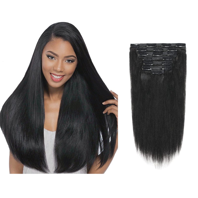 Lacer Soft Real Remy Thick Yaki Clip in Hair Extensions Human Hair Jet Black 18inch Yaki Straight Human Hair Clip ins for African American Black Women Relaxed Hair 7 Pieces 120G with 17 Clips