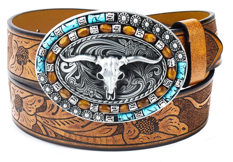 CaySep Women Western Cowboy Belt - PU Leather Longhorn Bull Turquoise Embossed Buckle Belt for Jeans Pants Dresses - Image 1