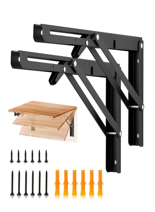 JOY DECOR 12 Inch Heavy Duty Folding Shelf Brackets, 2 Pack (1 Pair) Collapsible Wall Mounted Brackets for Fold Down Table, Stainless Steel Folding Table Hinge, Matte Black - Image 1