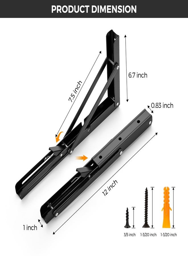 JOY DECOR 12 Inch Heavy Duty Folding Shelf Brackets, 2 Pack (1 Pair) Collapsible Wall Mounted Brackets for Fold Down Table, Stainless Steel Folding Table Hinge, Matte Black - Image 2