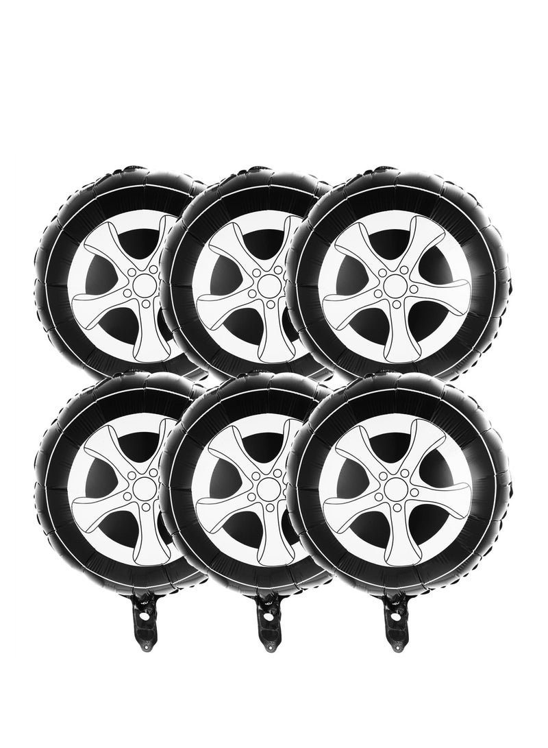 SYOSI Race Car Wheel Foil Balloons, 6 Pack 18 Inch Large Car Birthday Party Decorations and Supplies in Black and White, Perfect for Car Theme Parties and Kid's Birthdays - Image 1