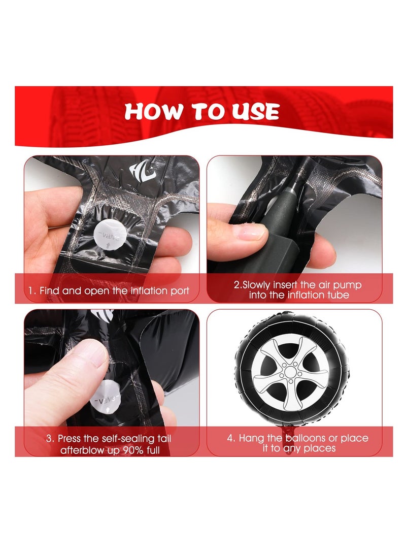 SYOSI Race Car Wheel Foil Balloons, 6 Pack 18 Inch Large Car Birthday Party Decorations and Supplies in Black and White, Perfect for Car Theme Parties and Kid's Birthdays - Image 2