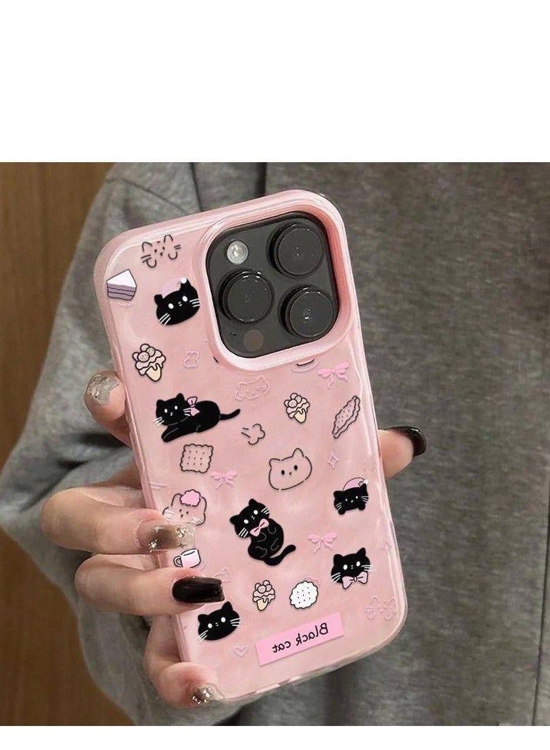 NIBEMINENT Cute Black Cat Protective TPU Case Cover For IPhone 16 Pro Max, Pink