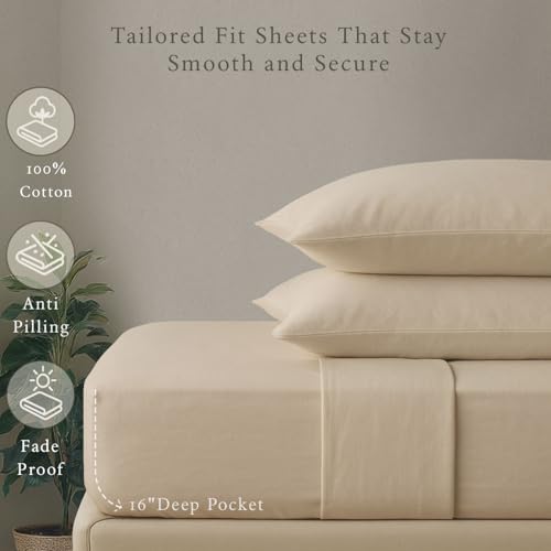 Threadmill - Hotel Luxury Cotton Sheets King Size 100% Cotton, 500 Thread Count Deep Pocket, Snug Fit, Soft & Crisp Cooling Hotel-Quality Bedsheets 4 Piece Set (King, Beige) - Image 4