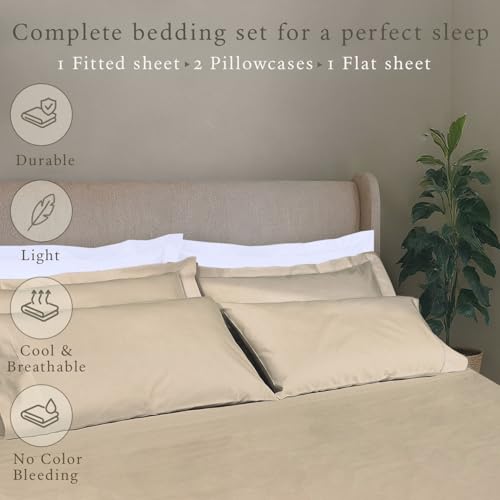 Threadmill - Hotel Luxury Cotton Sheets King Size 100% Cotton, 500 Thread Count Deep Pocket, Snug Fit, Soft & Crisp Cooling Hotel-Quality Bedsheets 4 Piece Set (King, Beige) - Image 3