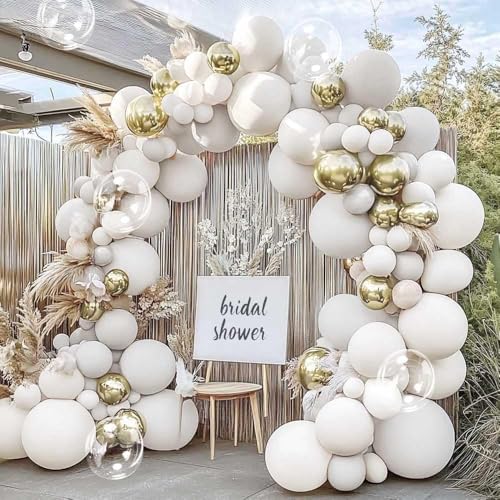 Partycus Double Stuffed White Balloon Arch with Clear Bobo Double Stuffed Light Grey Different White Gold Balloon Garland Kit for Bridal Wedding Engagement Birthday Christmas Valentines Party Decoration - Image 1