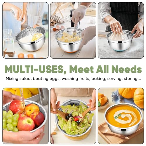 TeamFar Mixing Bowls with Lids Set, 1/1.5/2.5/3.5/7 QT, Stainless Steel Large Metal Nesting Salad Bowl Set of 5, Healthy & Sturdy, Non-slip Bottom & Airtight Lid, Multi-Color - Image 5