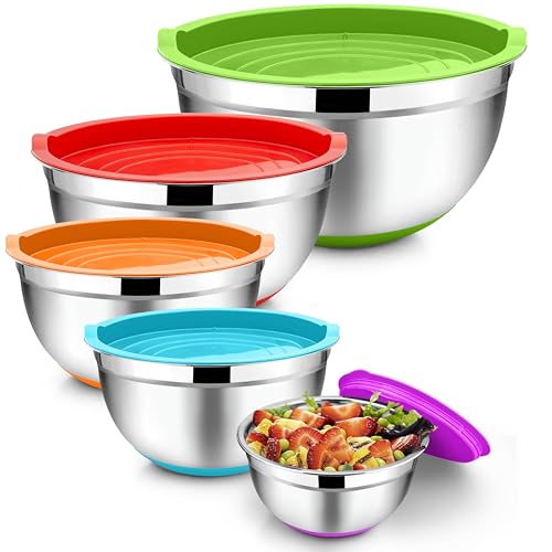 TeamFar Mixing Bowls with Lids Set, 1/1.5/2.5/3.5/7 QT, Stainless Steel Large Metal Nesting Salad Bowl Set of 5, Healthy & Sturdy, Non-slip Bottom & Airtight Lid, Multi-Color - Image 1